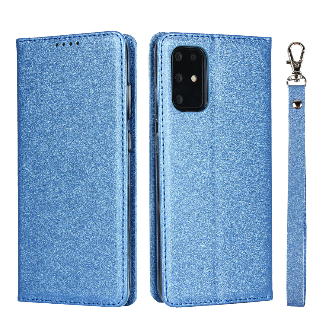 Silk Skin Wallet Stand Cell Phone Protective Leather Cover for Samsung Galaxy S20 Plus - Blue