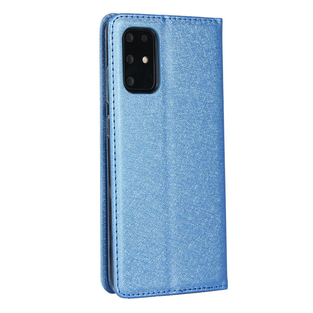 Silk Skin Wallet Stand Cell Phone Protective Leather Cover for Samsung Galaxy S20 Plus - Blue