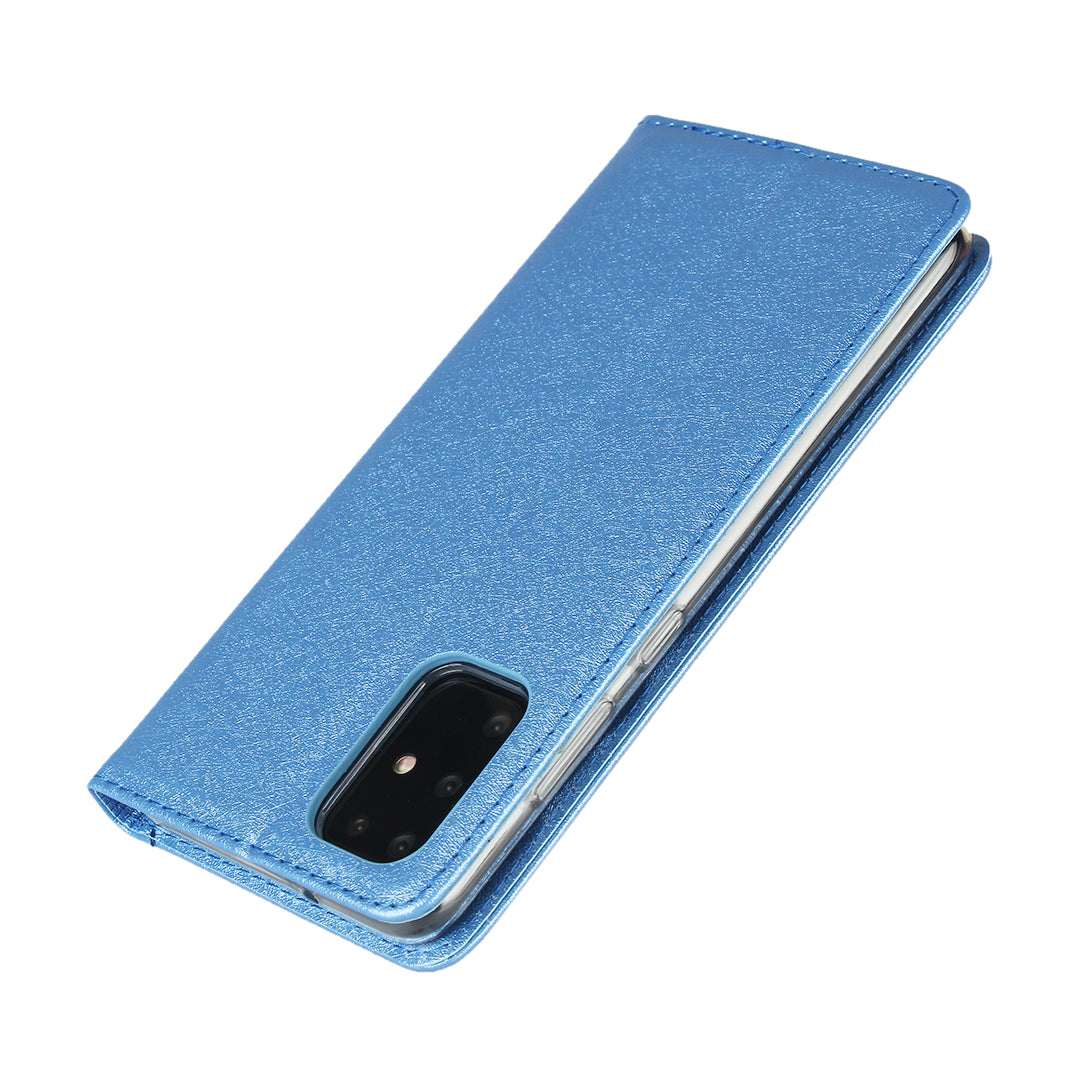 Silk Skin Wallet Stand Cell Phone Protective Leather Cover for Samsung Galaxy S20 Plus - Blue