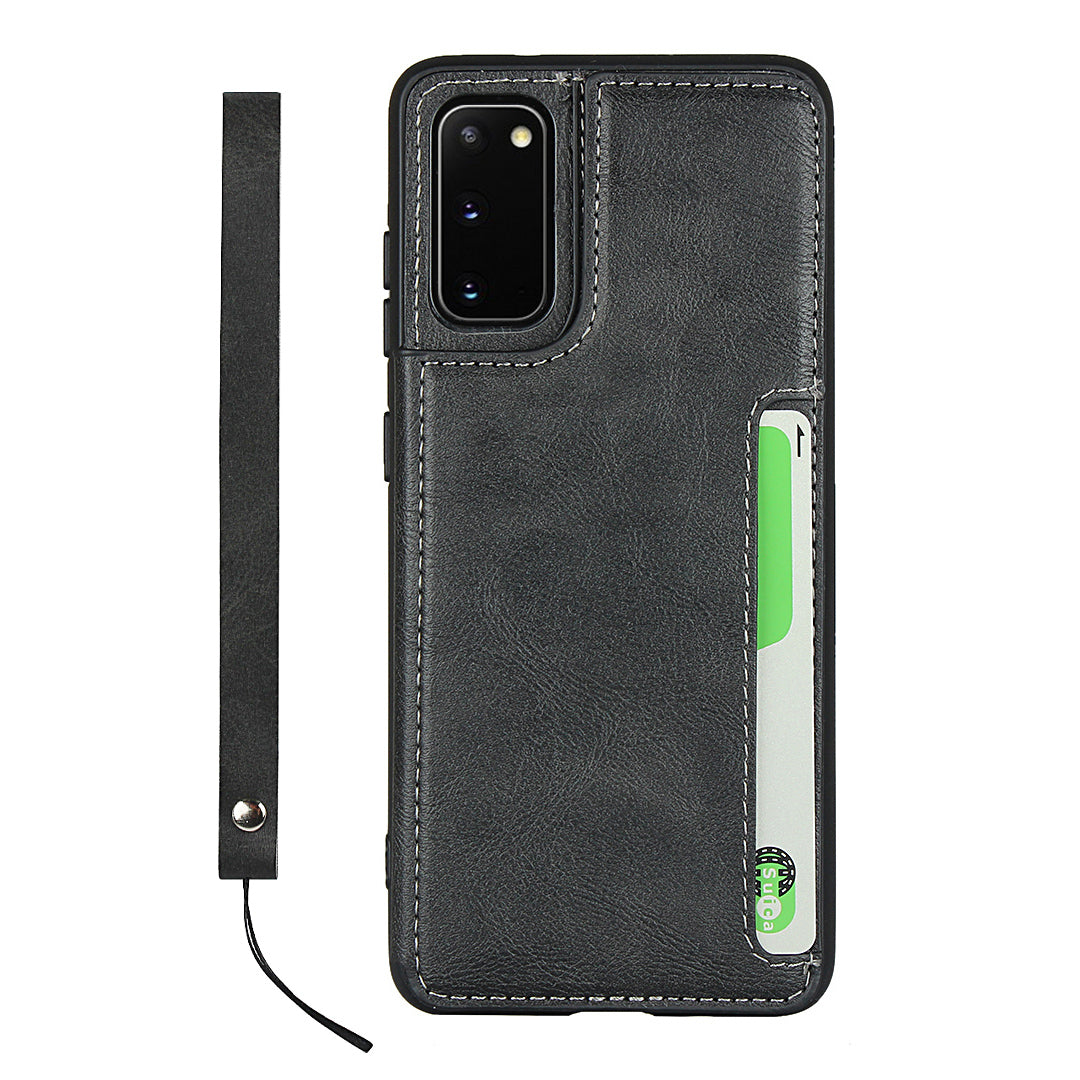 Leather Coated TPU with Card Holder Case with Kickstand for Samsung Galaxy S20 4G/S20 5G - Black