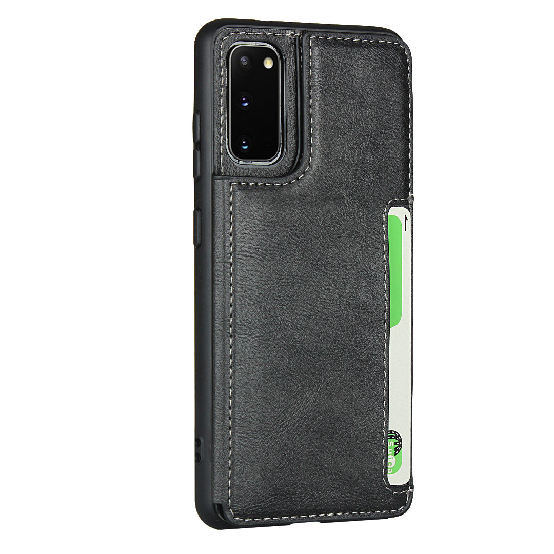 Leather Coated TPU with Card Holder Case with Kickstand for Samsung Galaxy S20 4G/S20 5G - Black