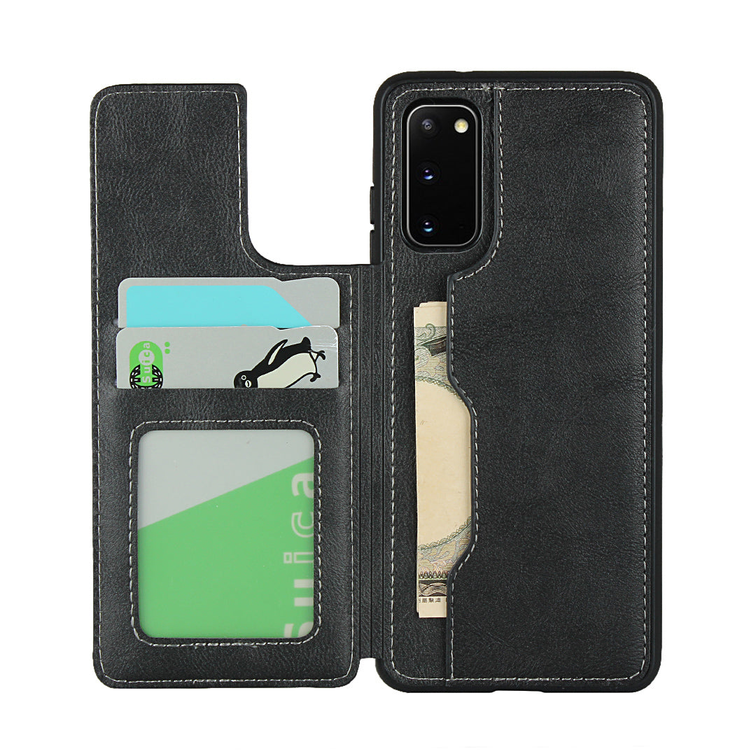 Leather Coated TPU with Card Holder Case with Kickstand for Samsung Galaxy S20 4G/S20 5G - Black