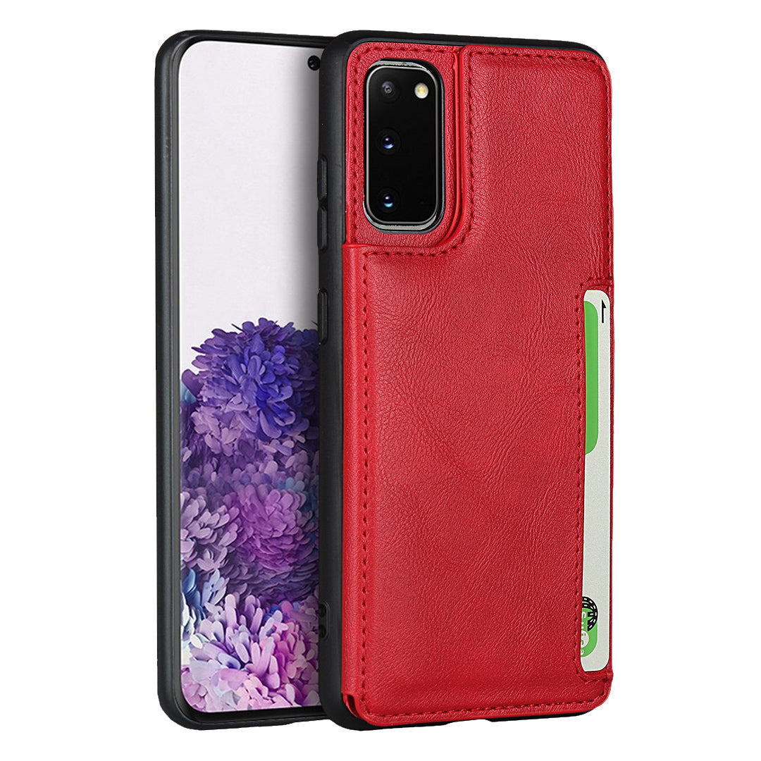 Leather Coated TPU with Card Holder Case with Kickstand for Samsung Galaxy S20 4G/S20 5G - Red