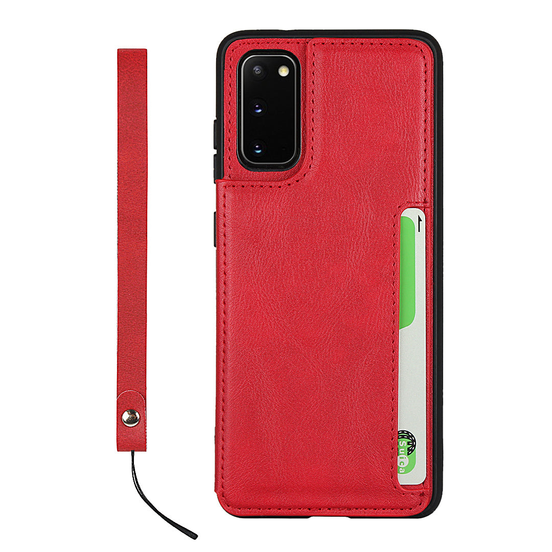 Leather Coated TPU with Card Holder Case with Kickstand for Samsung Galaxy S20 4G/S20 5G - Red