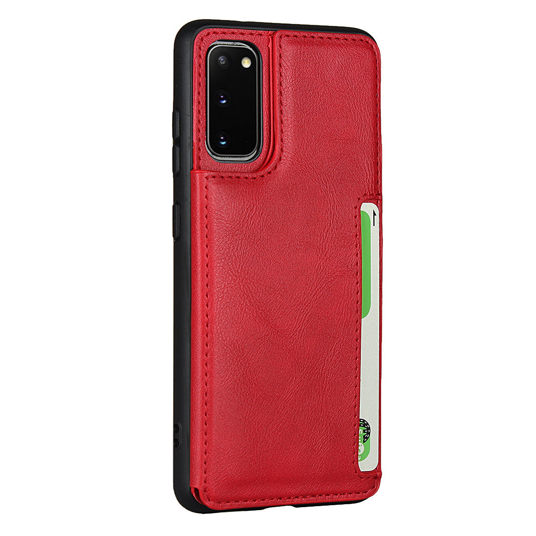 Leather Coated TPU with Card Holder Case with Kickstand for Samsung Galaxy S20 4G/S20 5G - Red