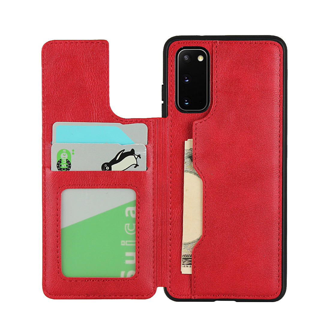 Leather Coated TPU with Card Holder Case with Kickstand for Samsung Galaxy S20 4G/S20 5G - Red