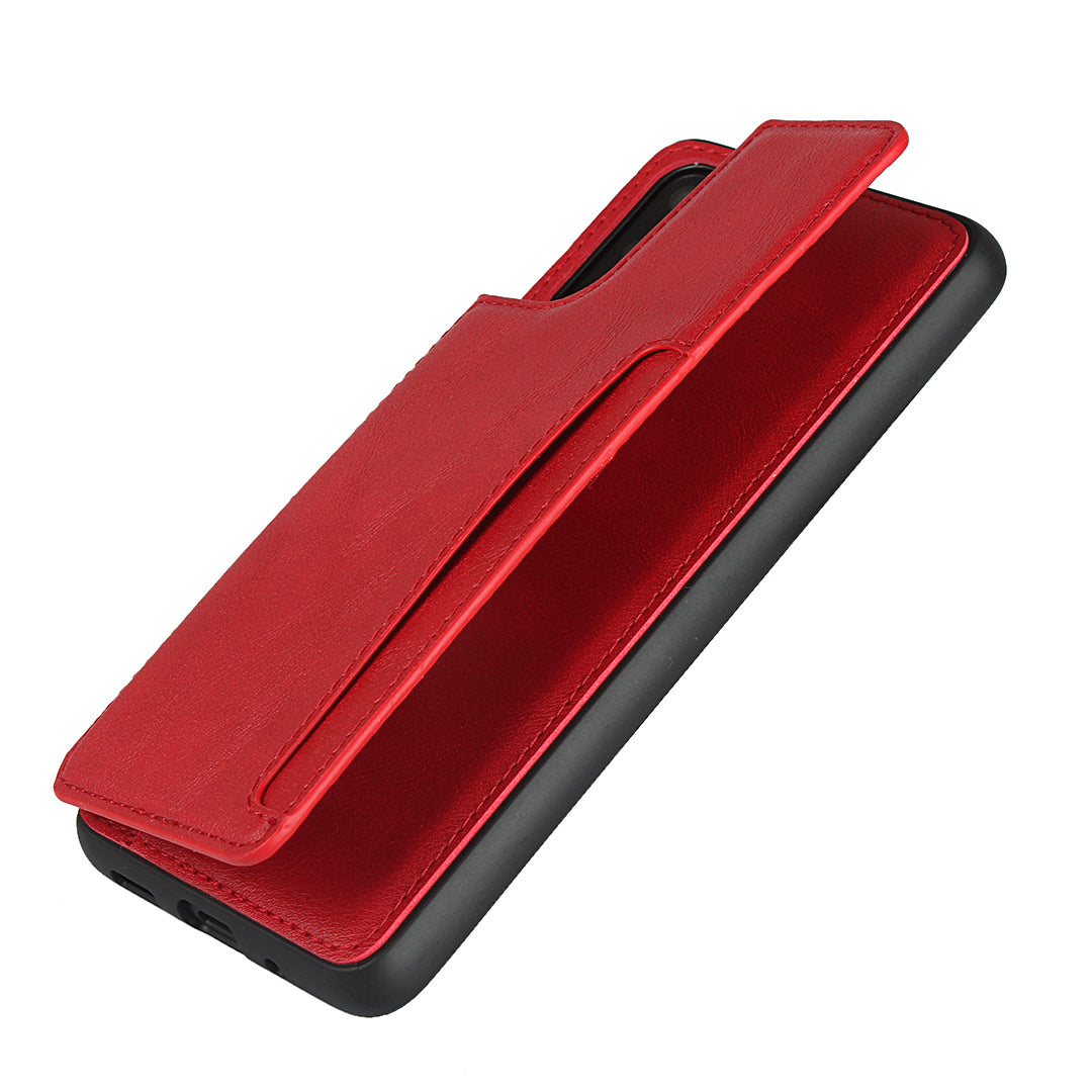 Leather Coated TPU with Card Holder Case with Kickstand for Samsung Galaxy S20 4G/S20 5G - Red