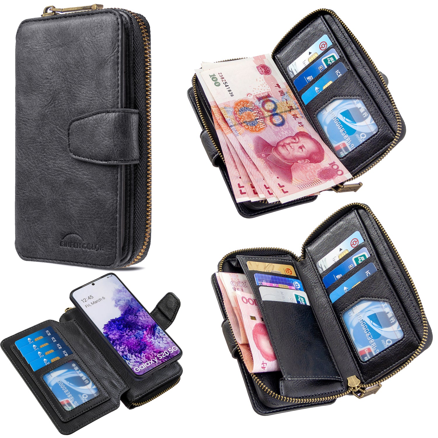 BF001 Detachable 2-in-1 Leather Cover Zipper Wallet Phone Case for Samsung Galaxy S20 4G/S20 5G - Black