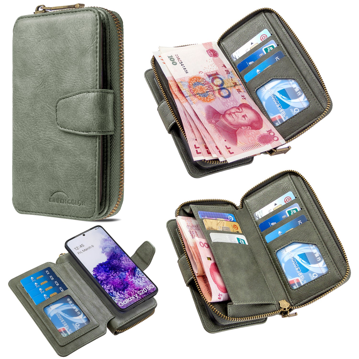 BF001 Detachable 2-in-1 Leather Cover Zipper Wallet Phone Case for Samsung Galaxy S20 4G/S20 5G - Green