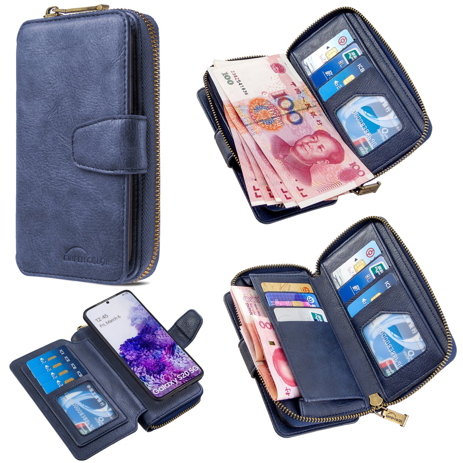 BF001 Detachable 2-in-1 Leather Cover Zipper Wallet Phone Case for Samsung Galaxy S20 4G/S20 5G - Blue