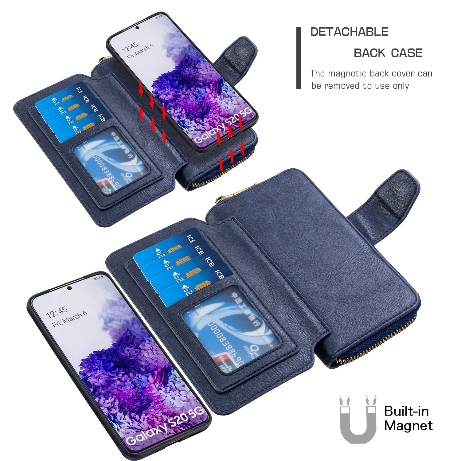 BF001 Detachable 2-in-1 Leather Cover Zipper Wallet Phone Case for Samsung Galaxy S20 4G/S20 5G - Blue