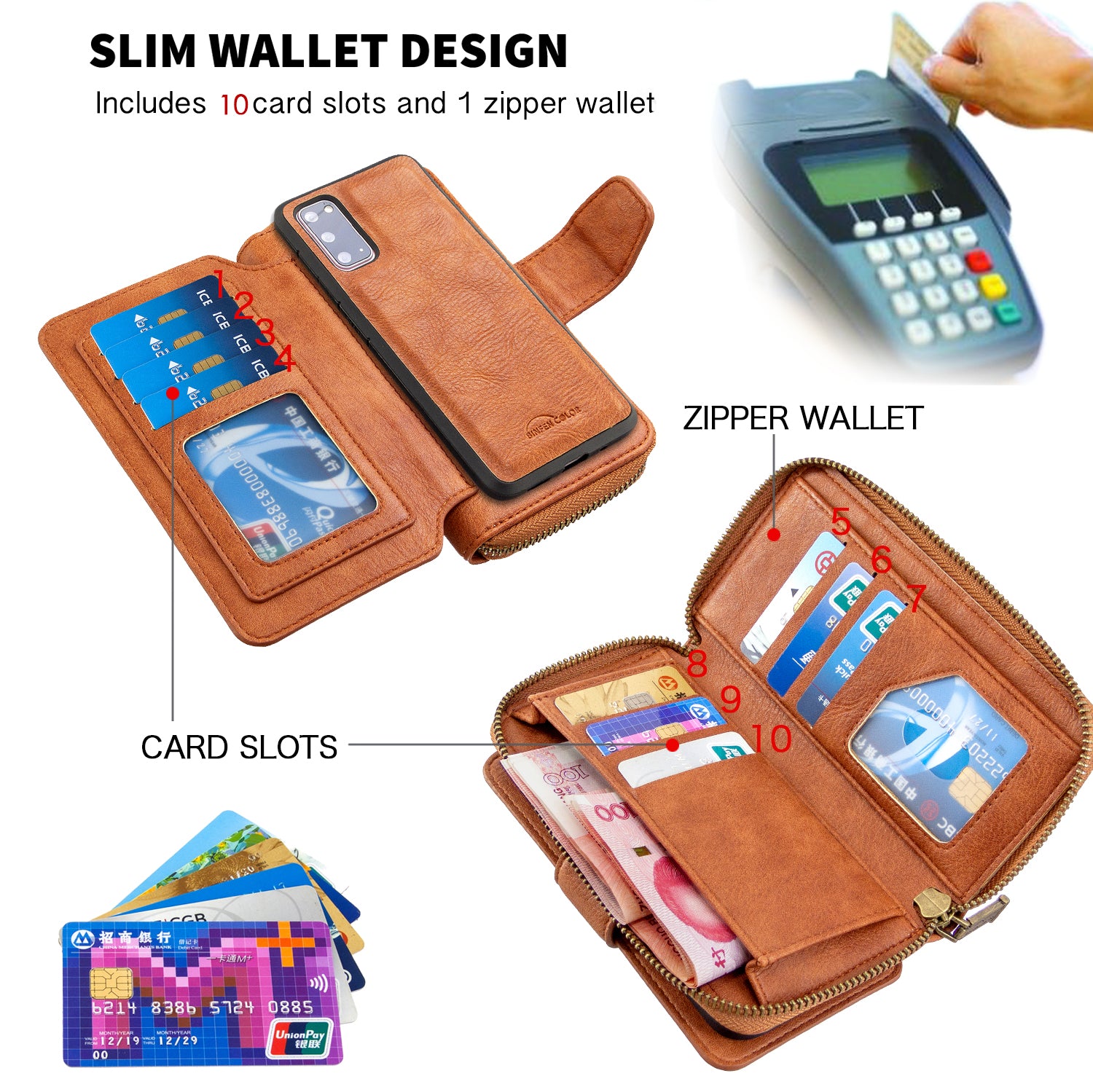 BF001 Detachable 2-in-1 Leather Cover Zipper Wallet Phone Case for Samsung Galaxy S20 4G/S20 5G - Brown