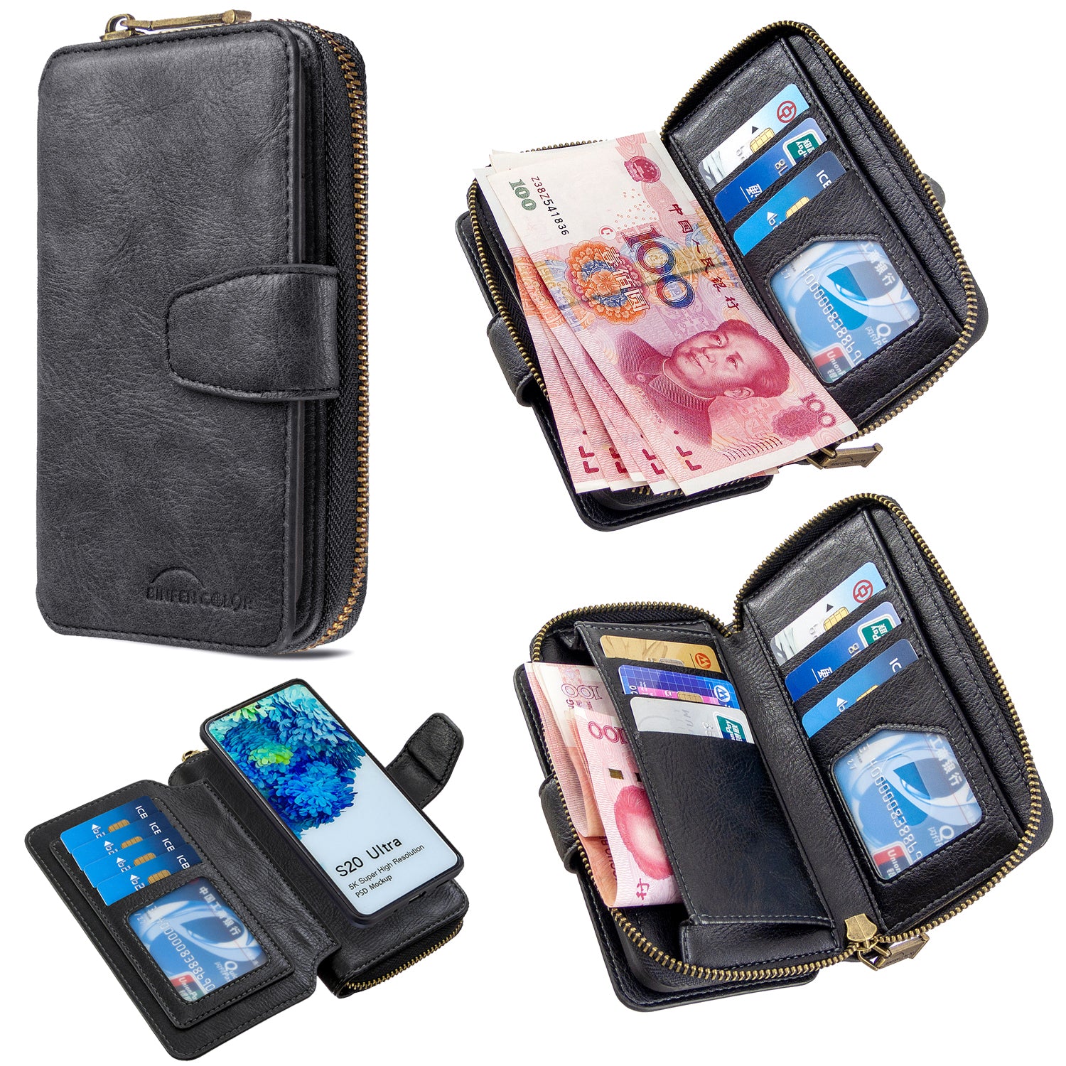 BF001 Leather Cover Zip Wallet Phone Case for Samsung Galaxy S20 Ultra - Black