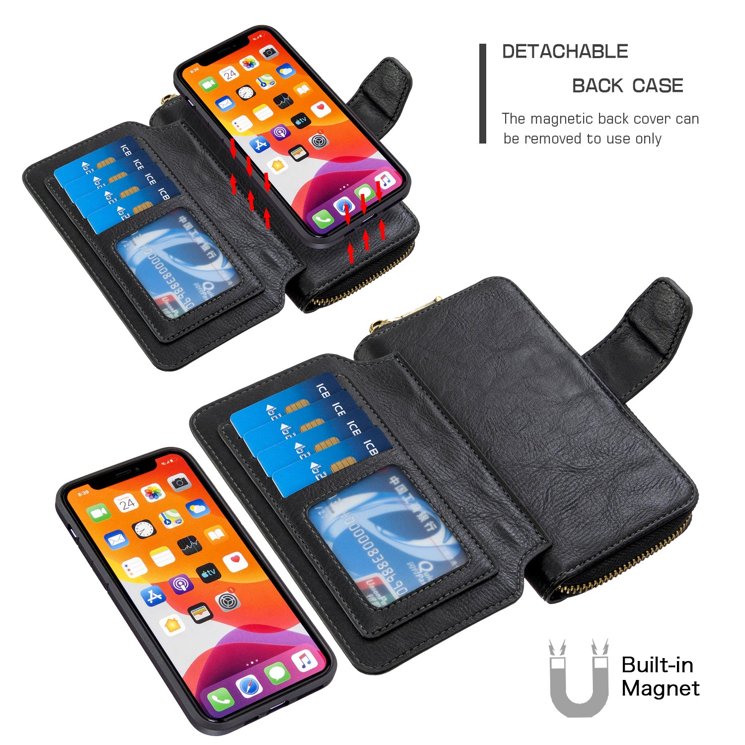 BF001 Leather Cover Zip Wallet Phone Case for Samsung Galaxy S20 Ultra - Black