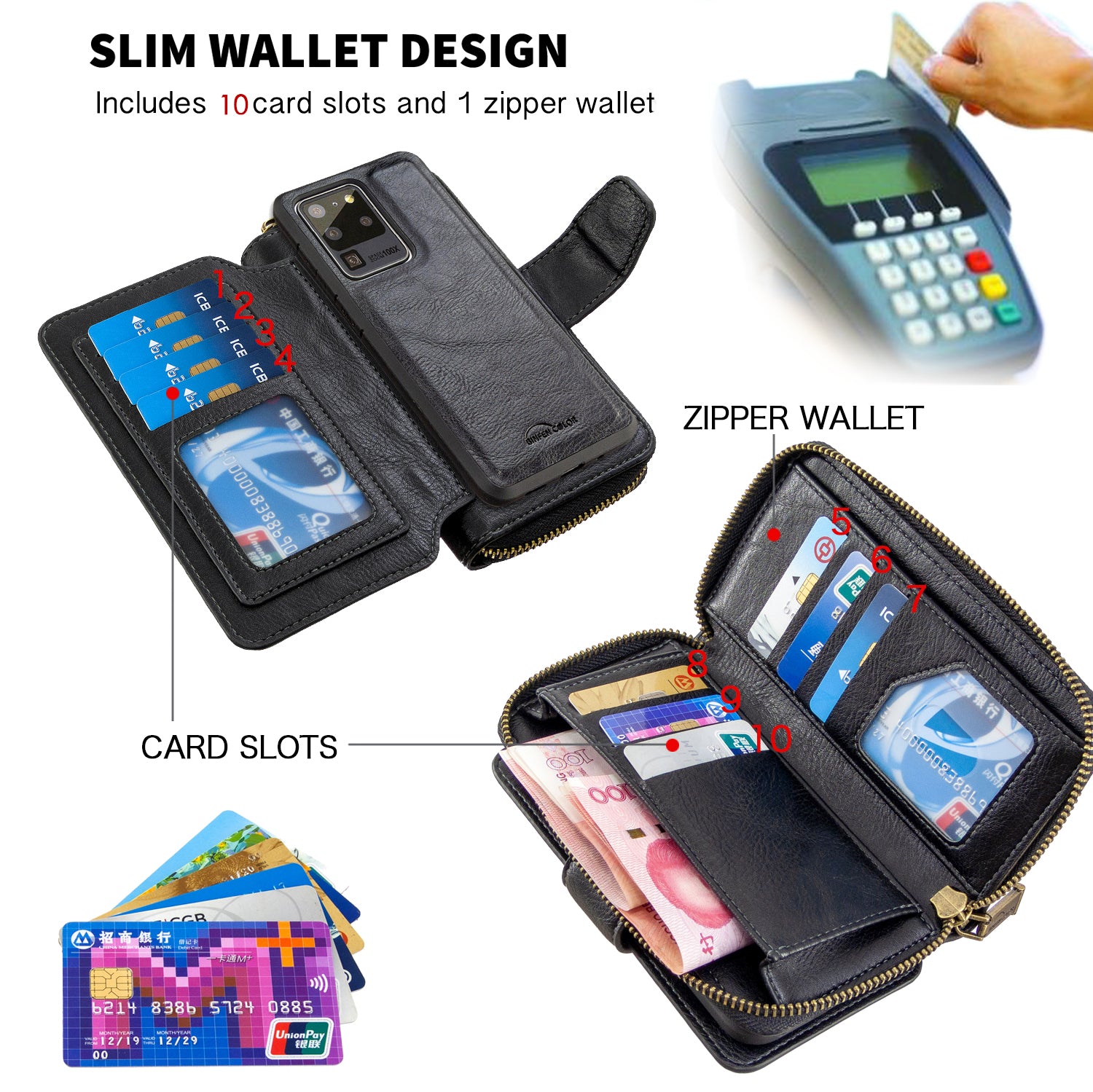 BF001 Leather Cover Zip Wallet Phone Case for Samsung Galaxy S20 Ultra - Black