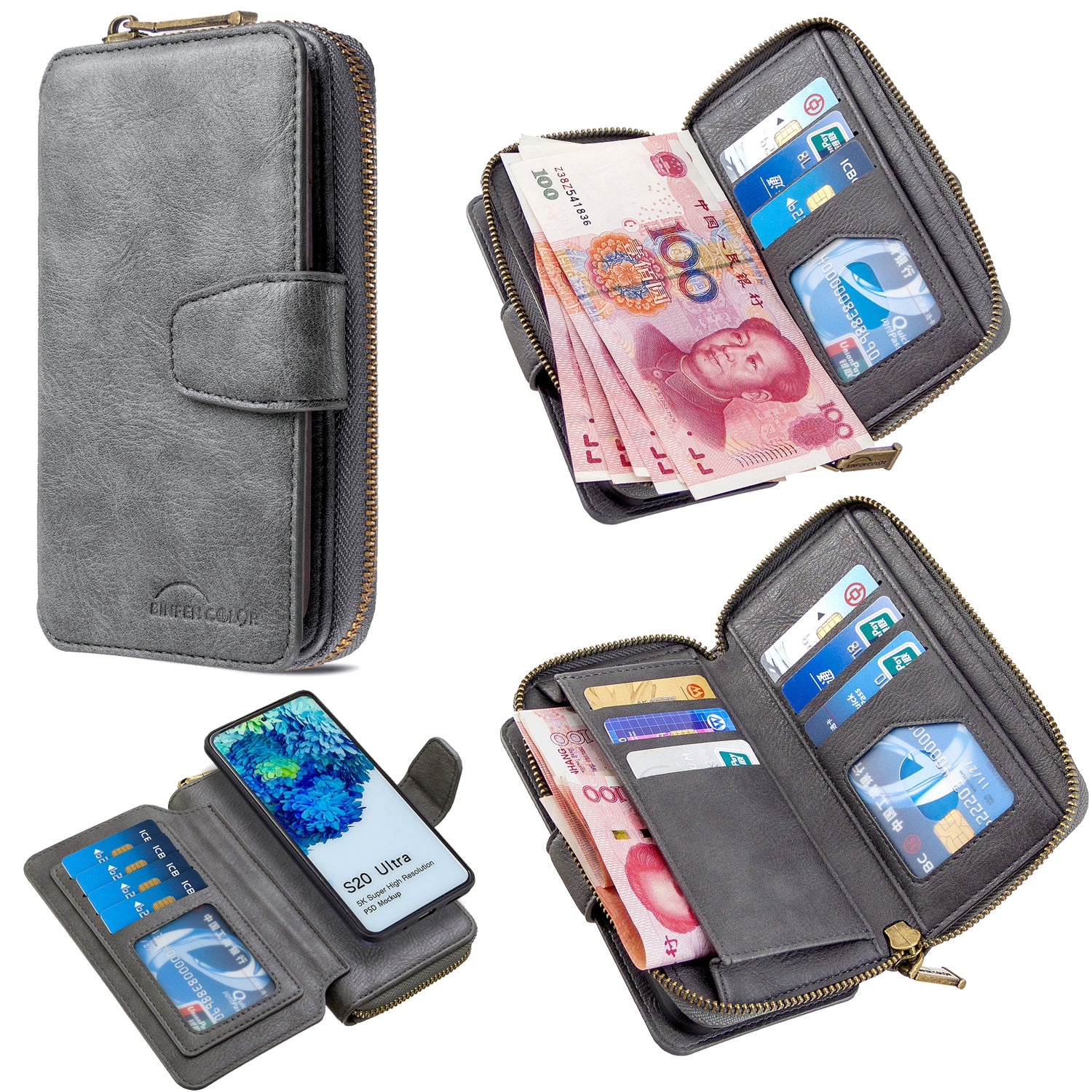 BF001 Leather Cover Zip Wallet Phone Case for Samsung Galaxy S20 Ultra - Grey