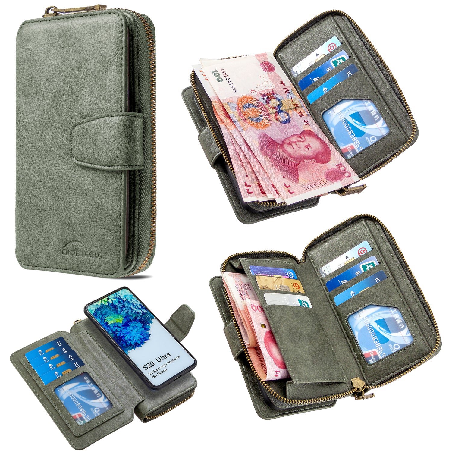 BF001 Leather Cover Zip Wallet Phone Case for Samsung Galaxy S20 Ultra - Green