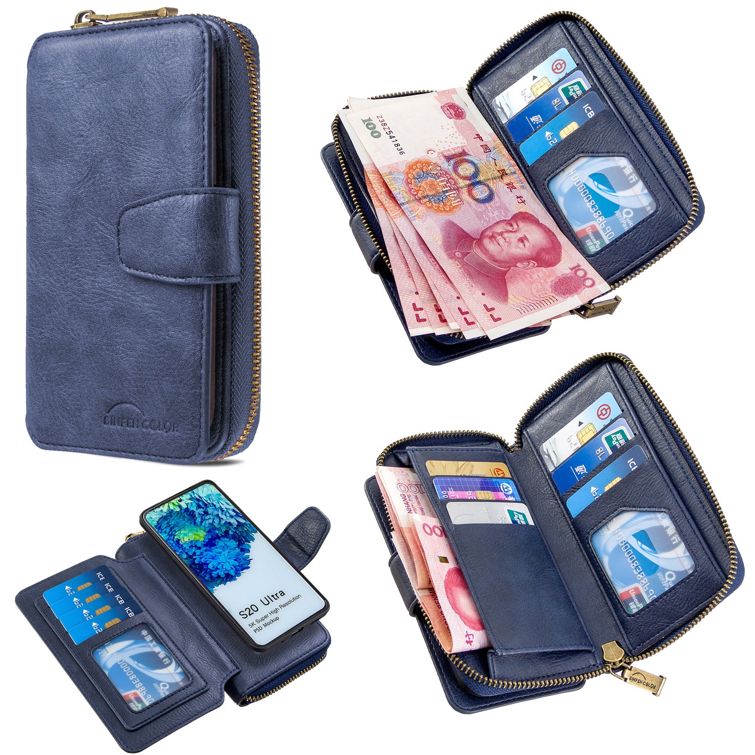 BF001 Leather Cover Zip Wallet Phone Case for Samsung Galaxy S20 Ultra - Blue