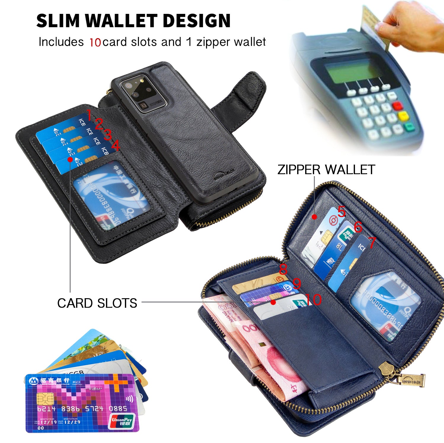 BF001 Leather Cover Zip Wallet Phone Case for Samsung Galaxy S20 Ultra - Blue