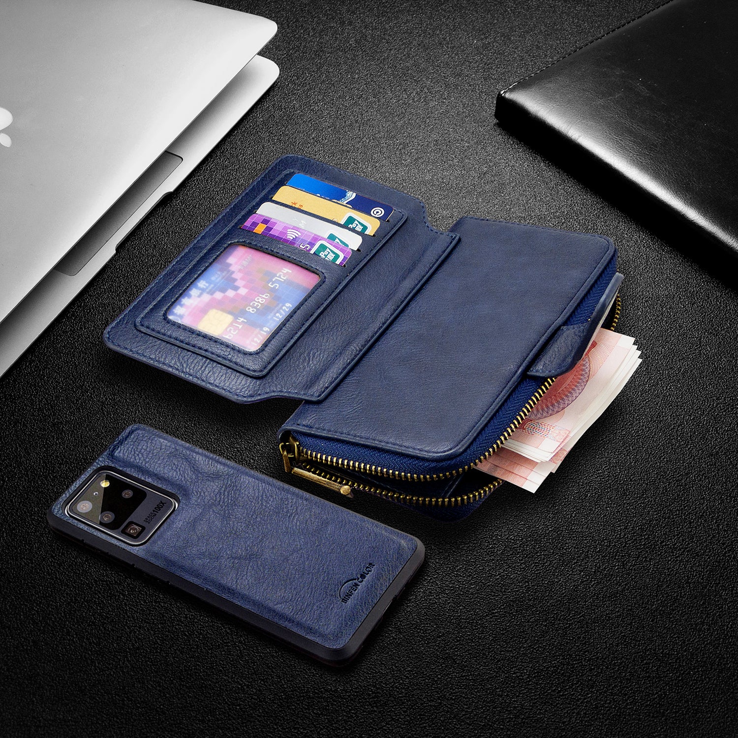 BF001 Leather Cover Zip Wallet Phone Case for Samsung Galaxy S20 Ultra - Blue