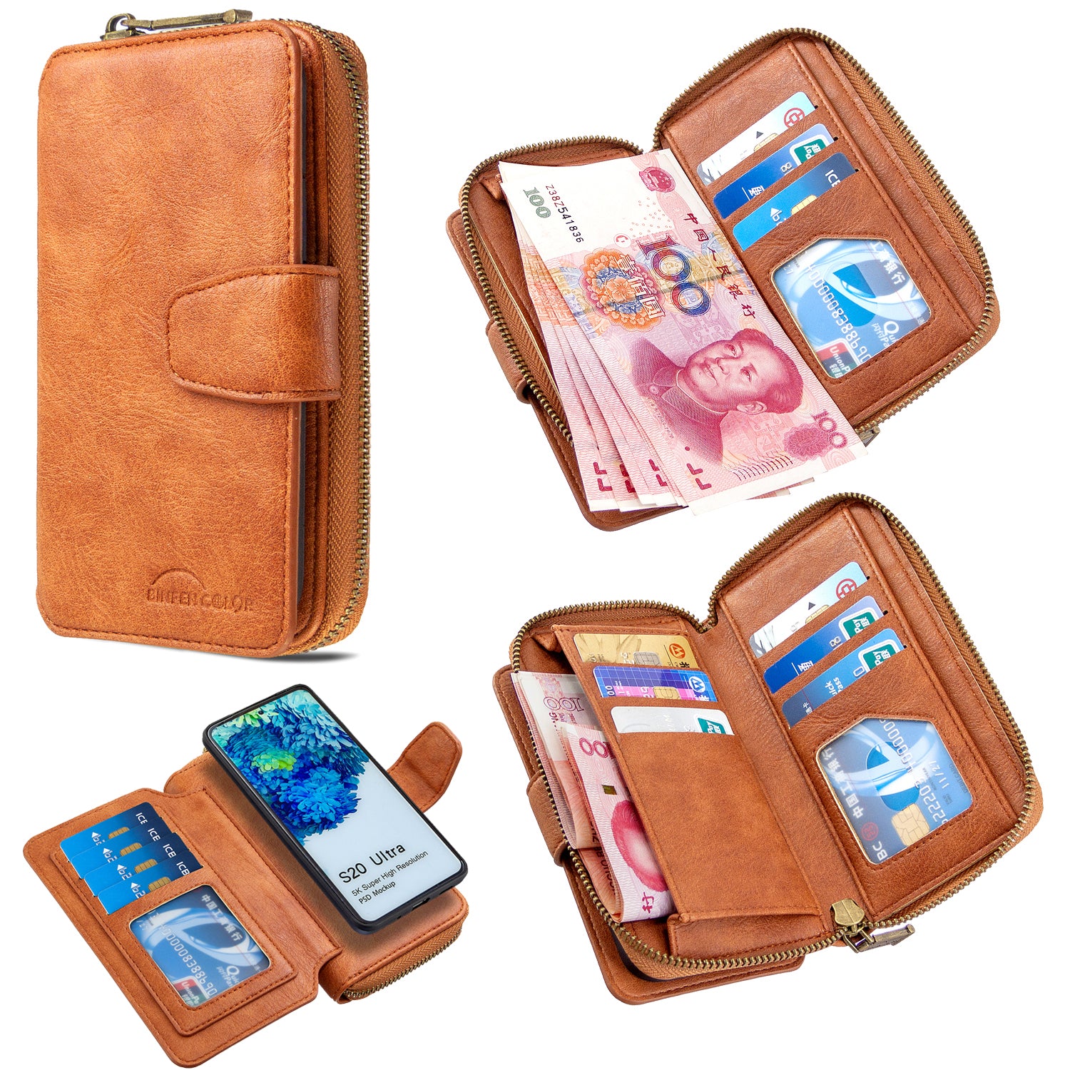 BF001 Leather Cover Zip Wallet Phone Case for Samsung Galaxy S20 Ultra - Brown