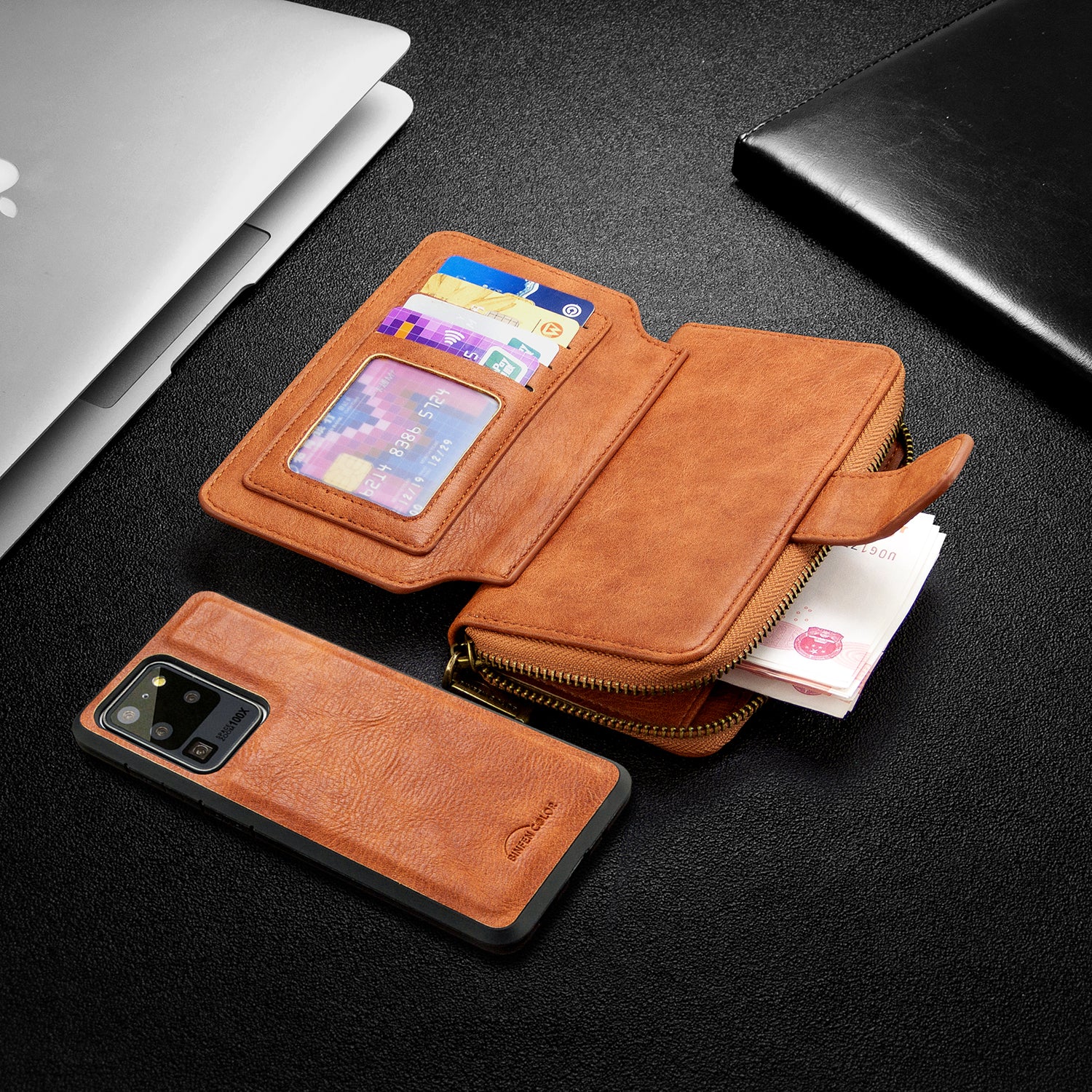 BF001 Leather Cover Zip Wallet Phone Case for Samsung Galaxy S20 Ultra - Brown