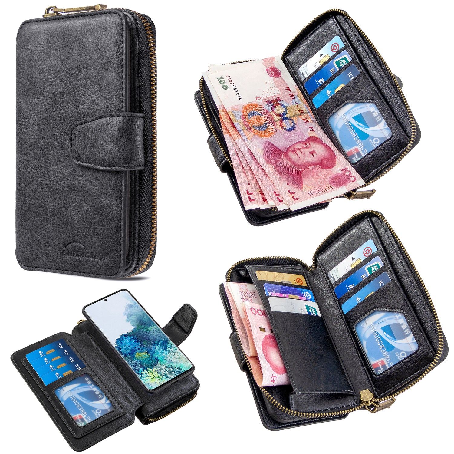 BF001 Zipper Wallet Leather Phone Case Cover Shell for Samsung Galaxy S20 Plus - Black