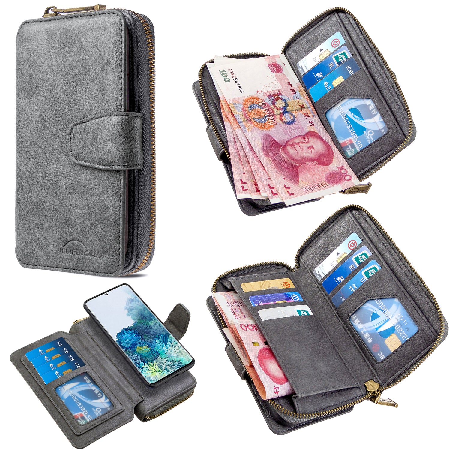 BF001 Zipper Wallet Leather Phone Case Cover Shell for Samsung Galaxy S20 Plus - Grey