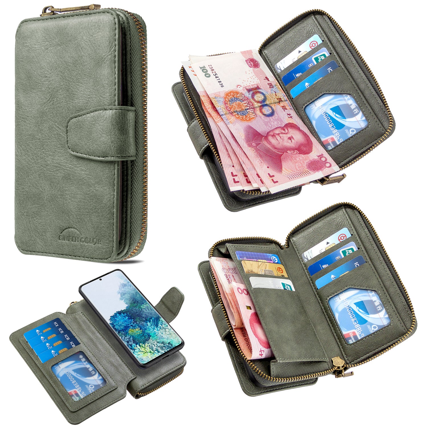 BF001 Zipper Wallet Leather Phone Case Cover Shell for Samsung Galaxy S20 Plus - Green