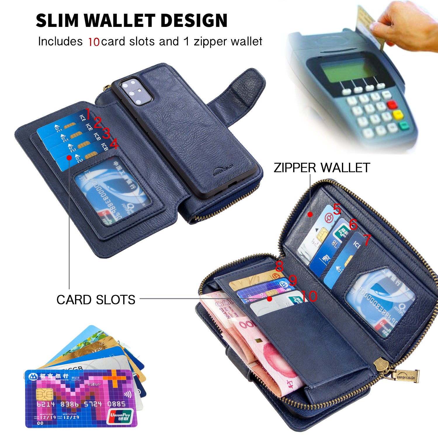 BF001 Zipper Wallet Leather Phone Case Cover Shell for Samsung Galaxy S20 Plus - Blue