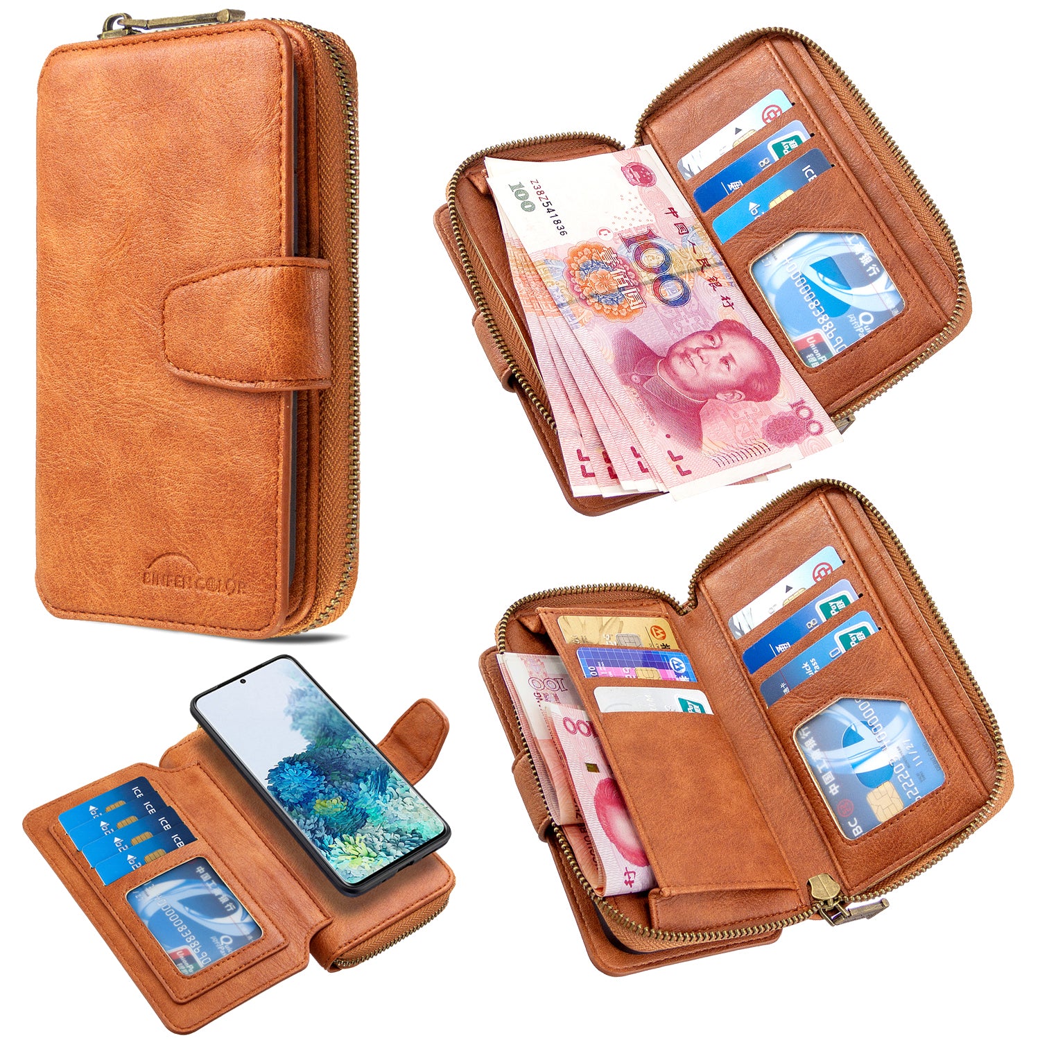 BF001 Zipper Wallet Leather Phone Case Cover Shell for Samsung Galaxy S20 Plus - Brown