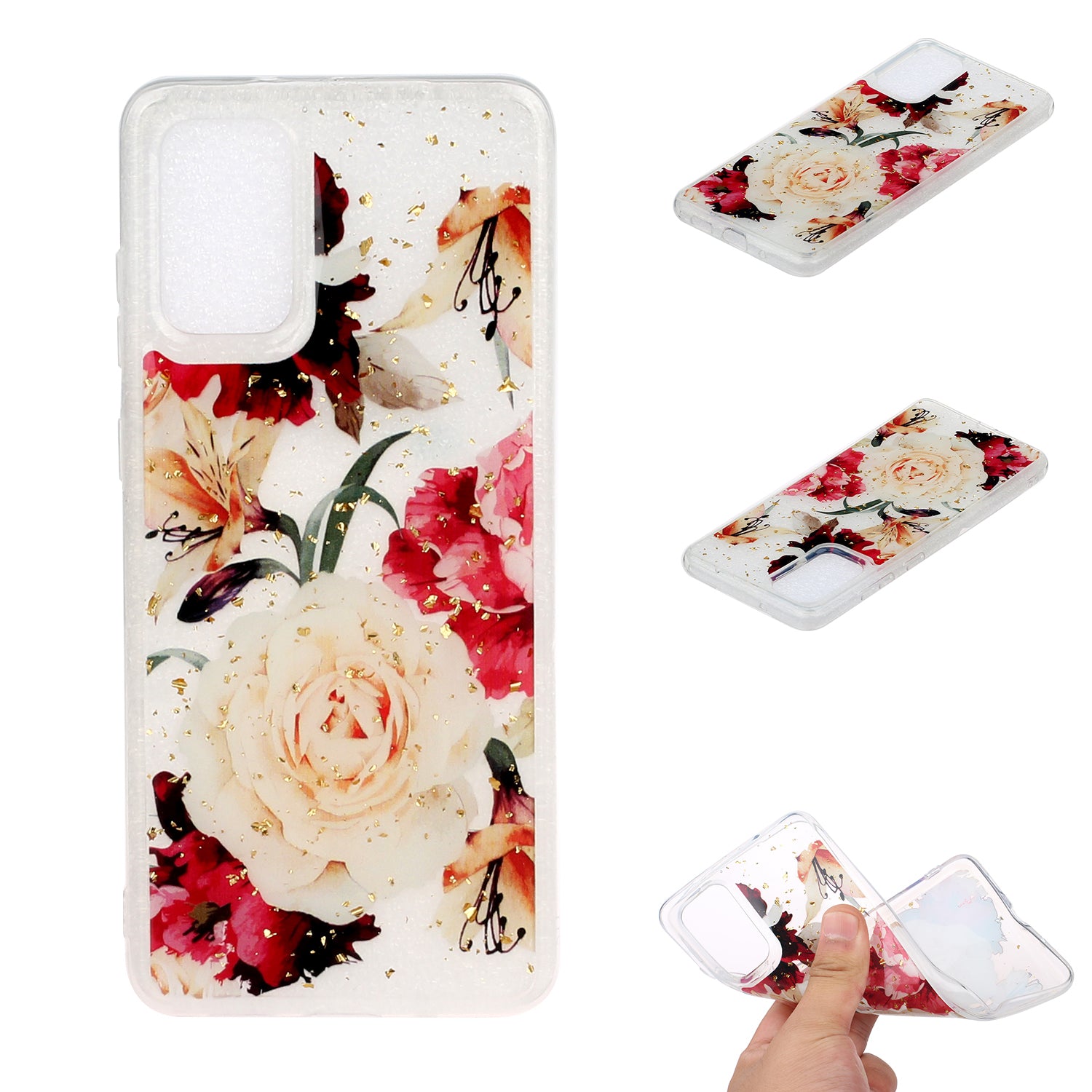 Glitter Sequins Inlaid Pattern Painting Soft TPU Back Shell for Samsung Galaxy S20 Plus - Whtie Rose Flower