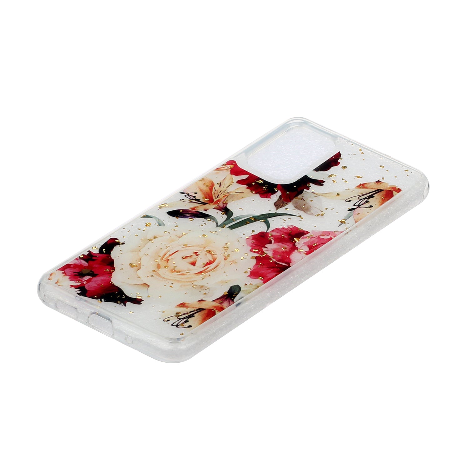 Glitter Sequins Inlaid Pattern Painting Soft TPU Back Shell for Samsung Galaxy S20 Plus - Whtie Rose Flower