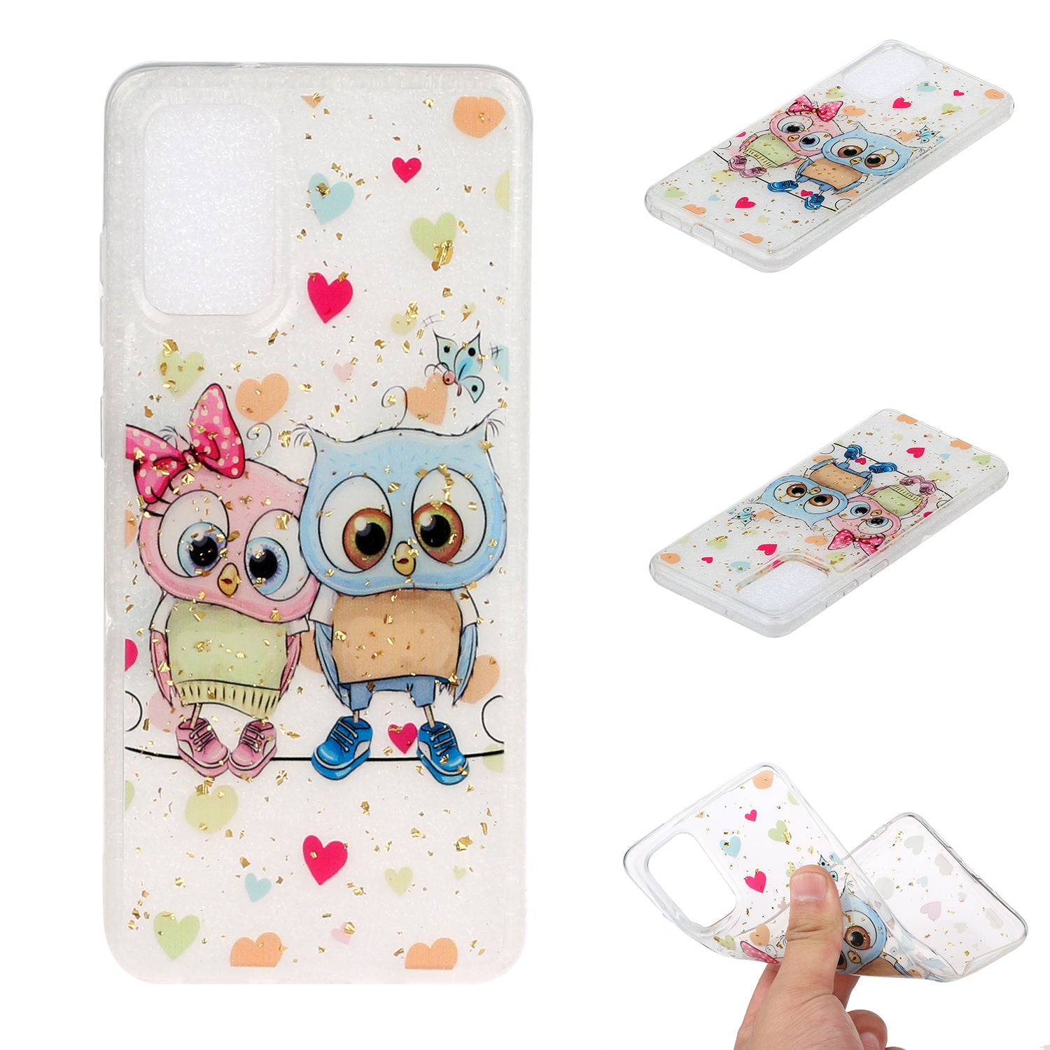 Glitter Sequins Inlaid Pattern Painting Soft TPU Back Shell for Samsung Galaxy S20 Plus - Couple Owls