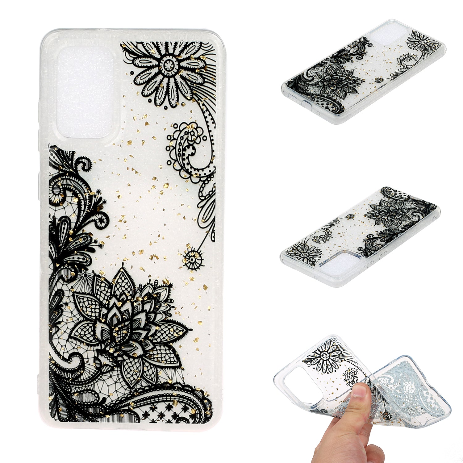 Glitter Sequins Inlaid Pattern Painting Soft TPU Back Shell for Samsung Galaxy S20 Plus - Lace Flower