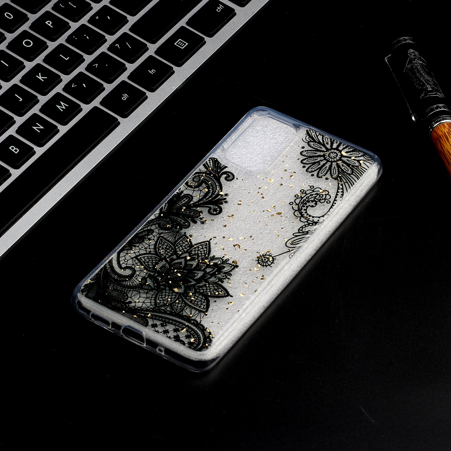 Glitter Sequins Inlaid Pattern Painting Soft TPU Back Shell for Samsung Galaxy S20 Plus - Lace Flower