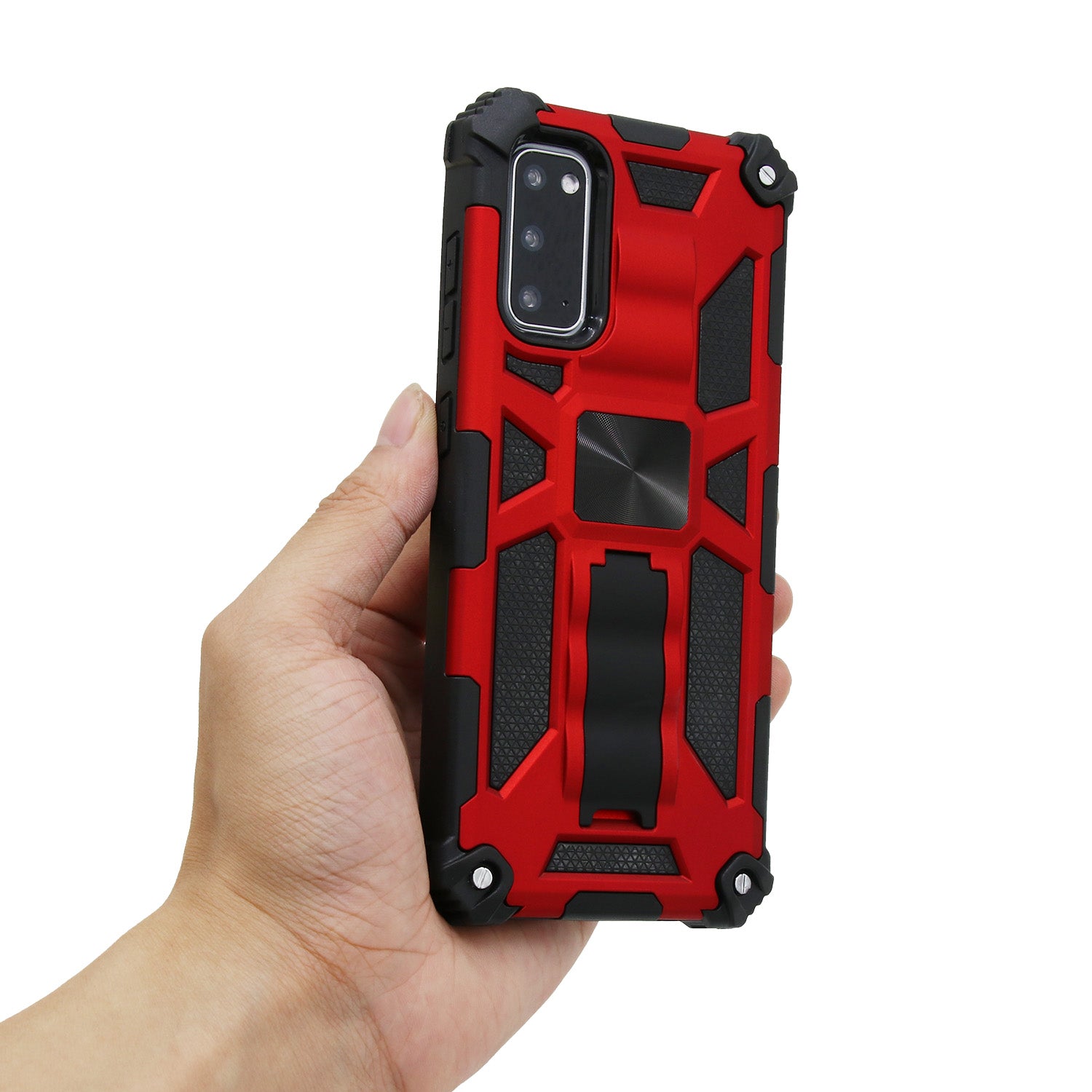 Kickstand Armor Dropproof PC TPU Hybrid Case with Magnetic Metal Sheet for Samsung Galaxy S20 4G/S20 5G - Red