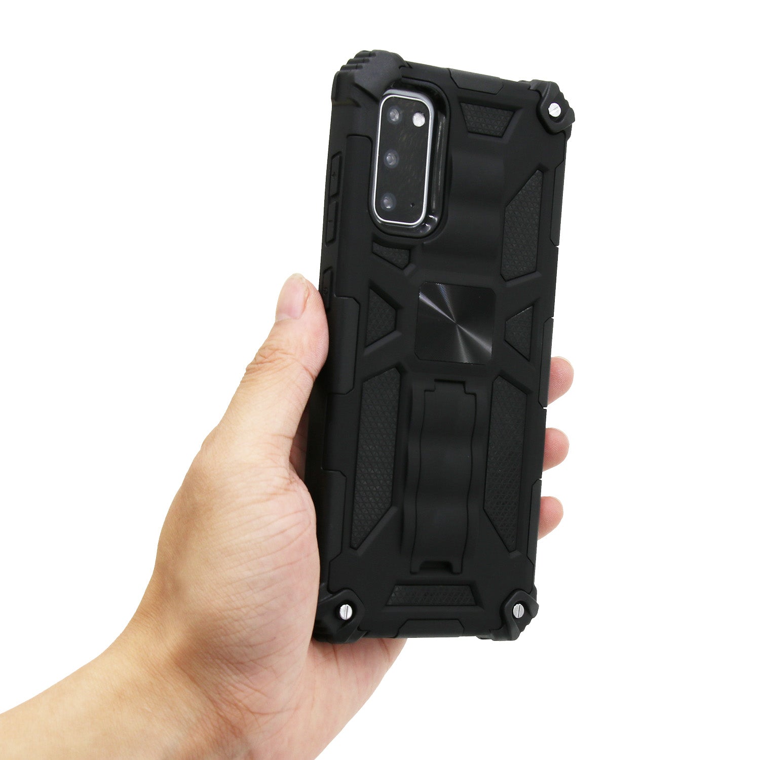 Kickstand Armor Dropproof PC TPU Hybrid Case with Magnetic Metal Sheet for Samsung Galaxy S20 4G/S20 5G - Black