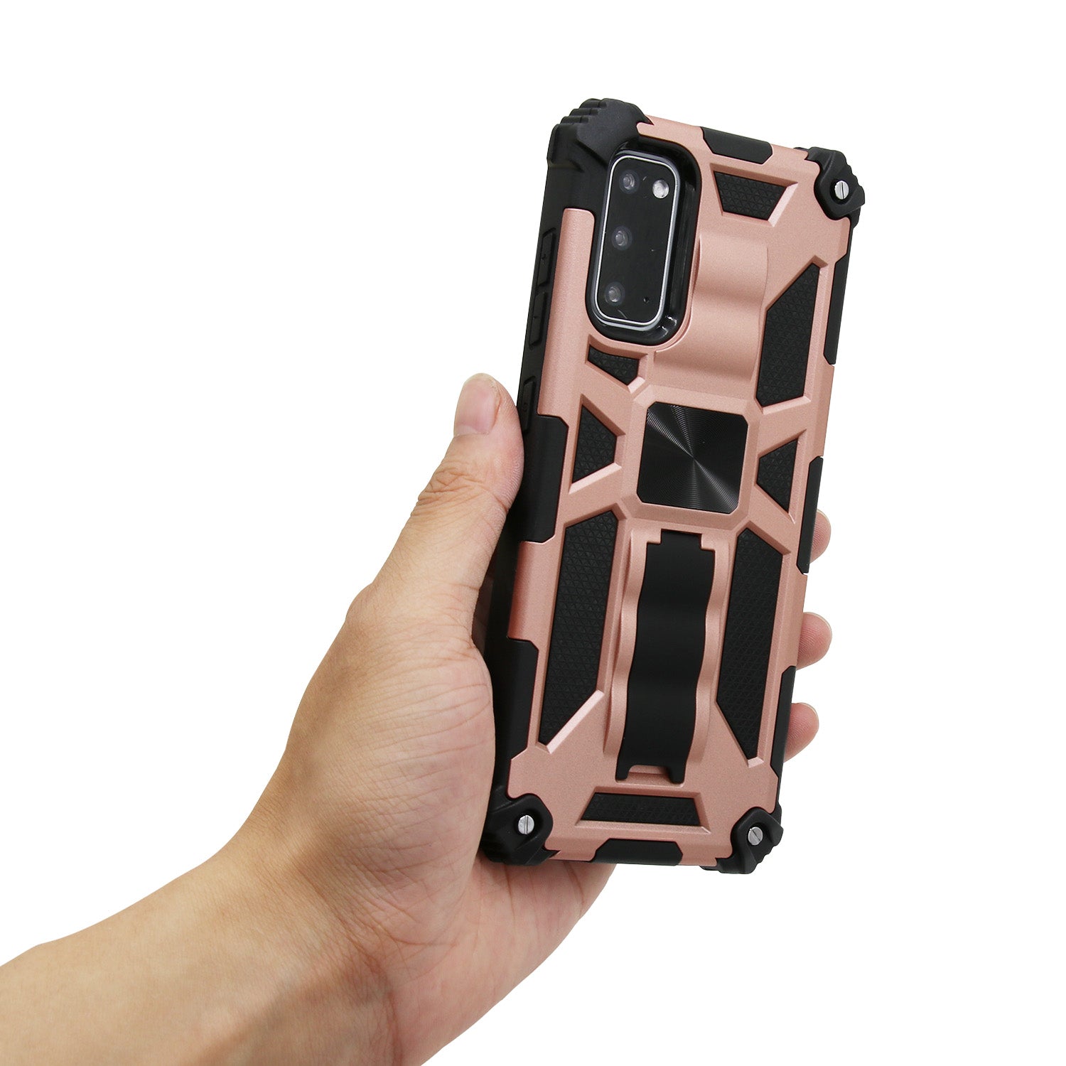 Kickstand Armor Dropproof PC TPU Hybrid Case with Magnetic Metal Sheet for Samsung Galaxy S20 4G/S20 5G - Rose Gold