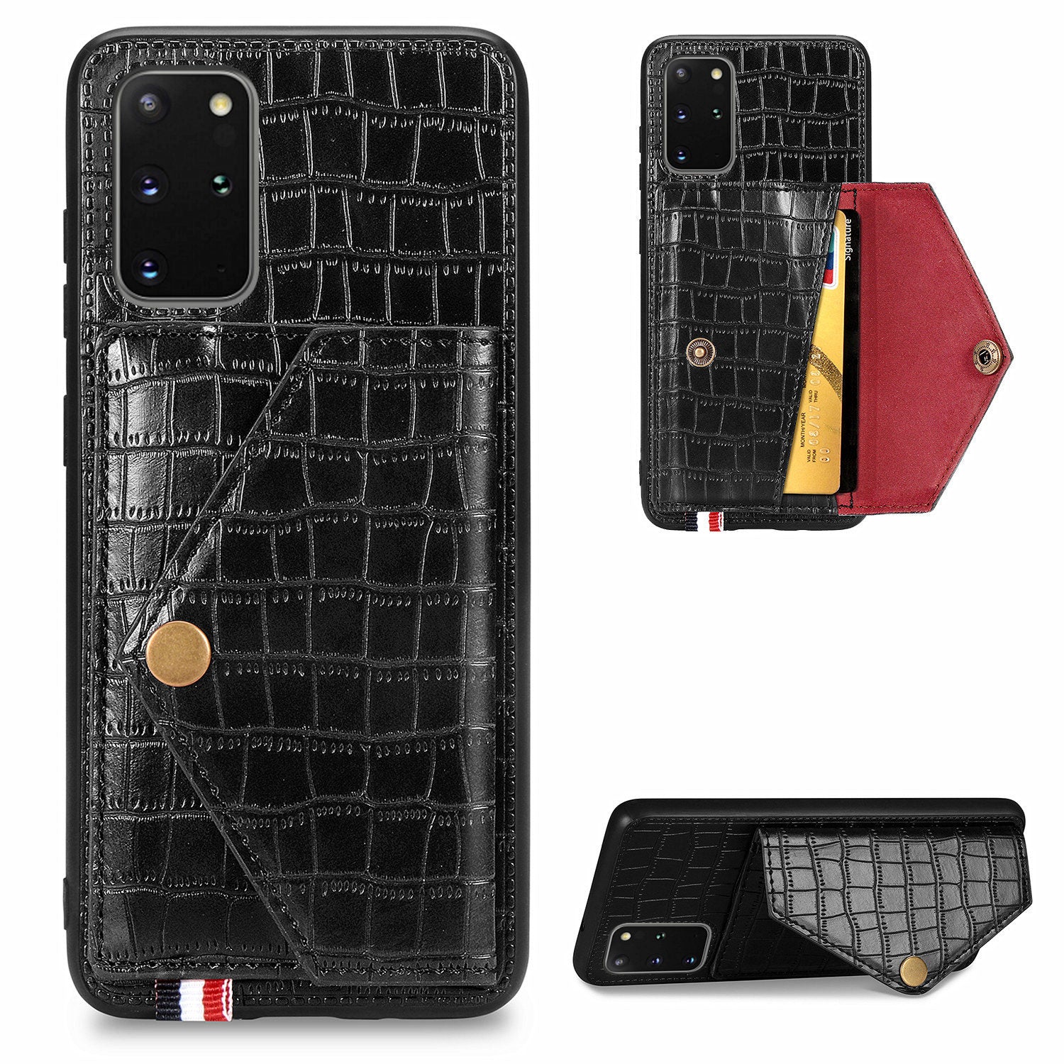 Crocodile Skin with Card Holder PU Leather Coated TPU Case for Samsung Galaxy S20 Plus - Black