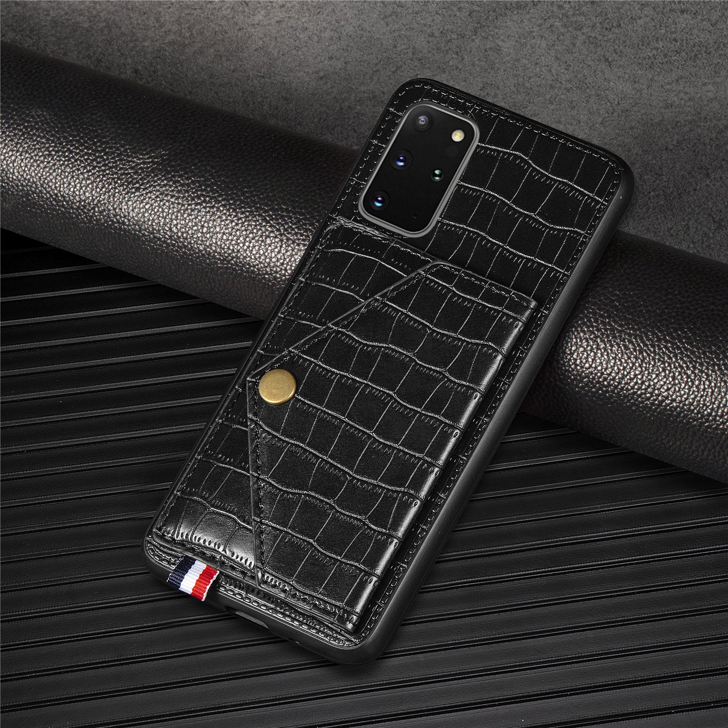 Crocodile Skin with Card Holder PU Leather Coated TPU Case for Samsung Galaxy S20 Plus - Black