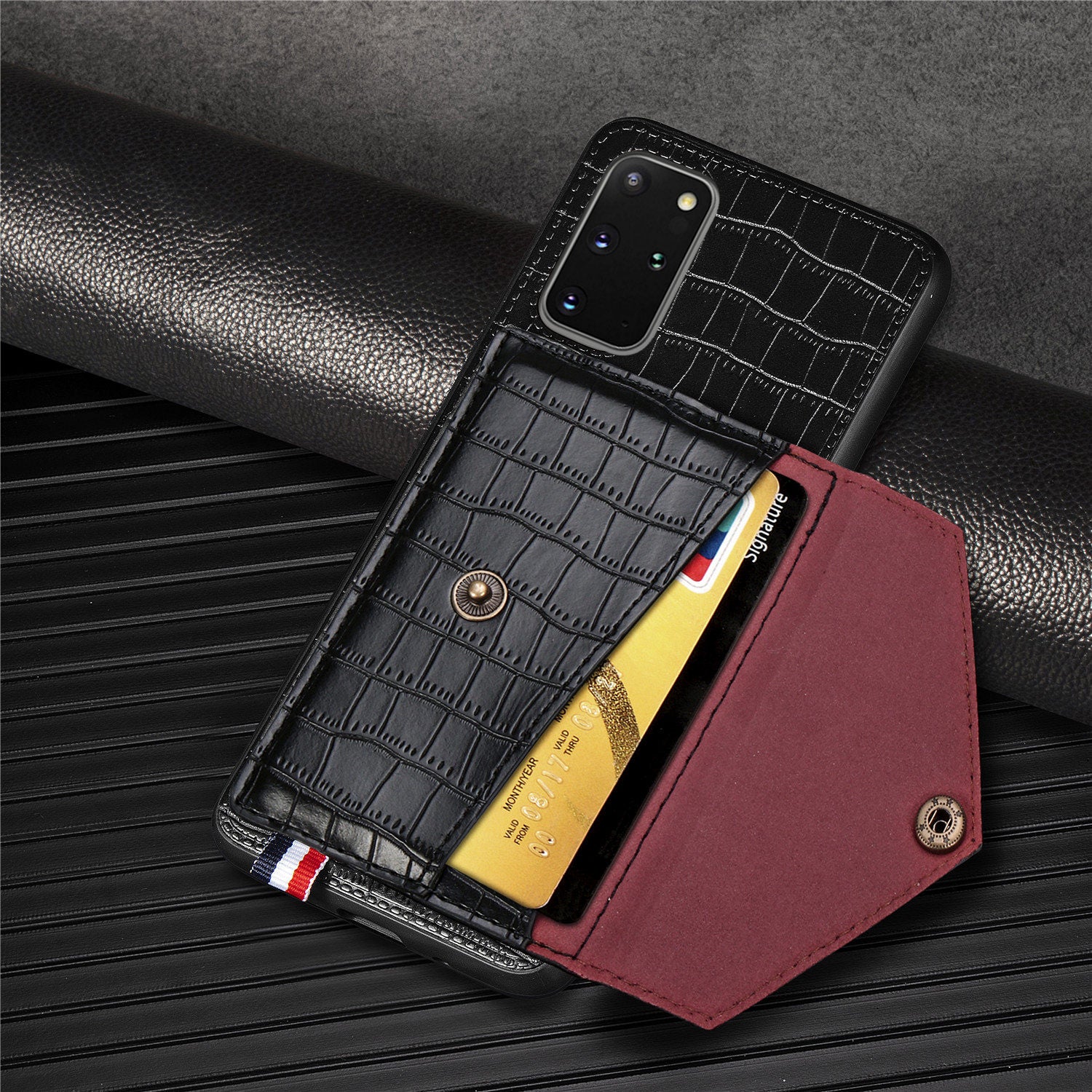 Crocodile Skin with Card Holder PU Leather Coated TPU Case for Samsung Galaxy S20 Plus - Black