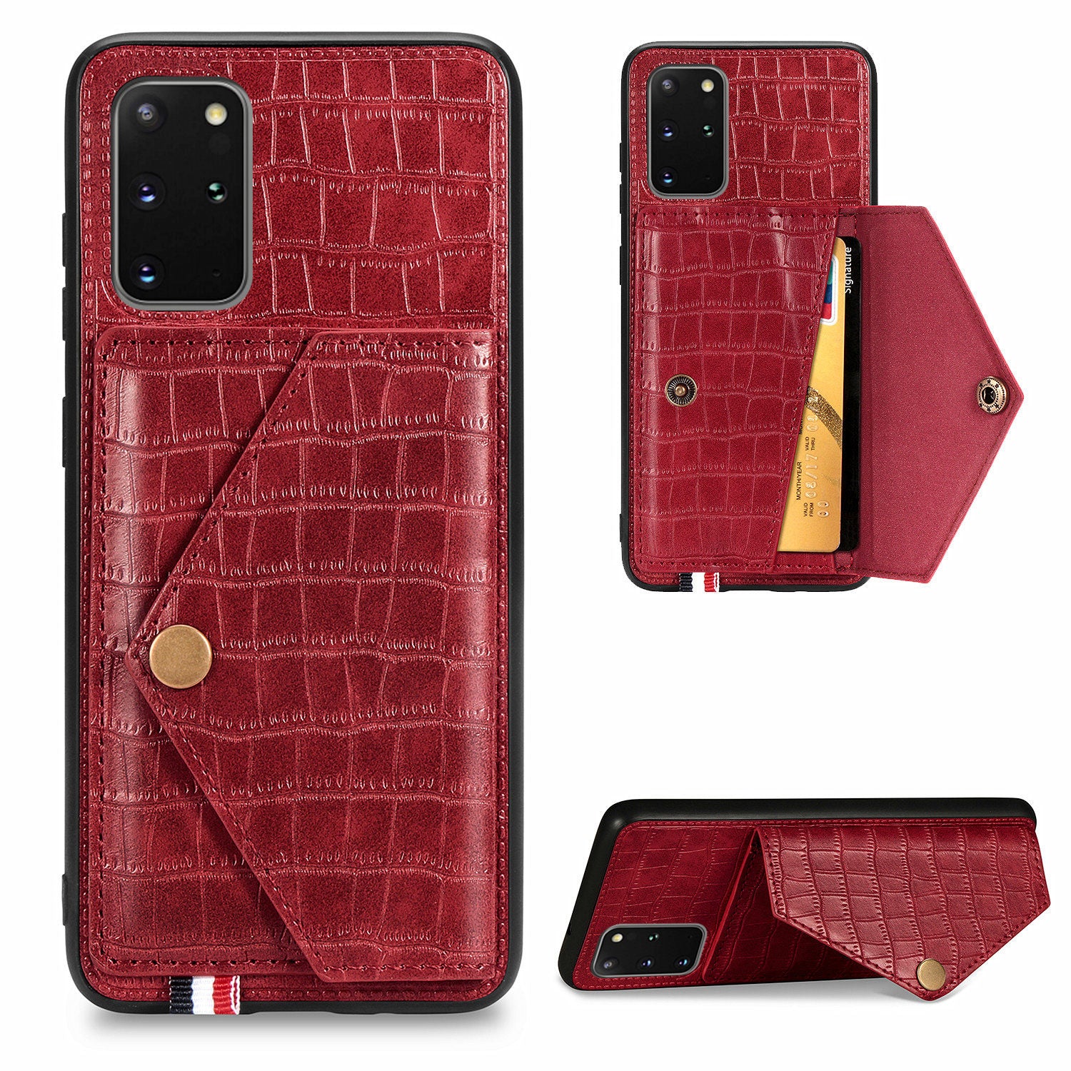 Crocodile Skin with Card Holder PU Leather Coated TPU Case for Samsung Galaxy S20 Plus - Red