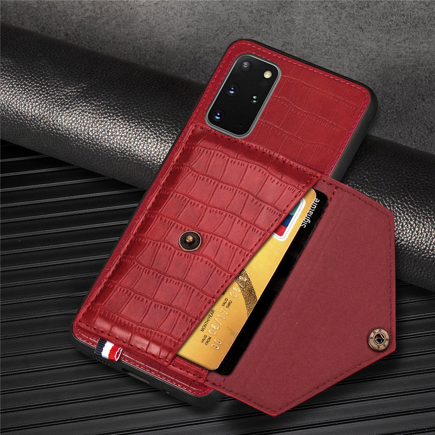 Crocodile Skin with Card Holder PU Leather Coated TPU Case for Samsung Galaxy S20 Plus - Red