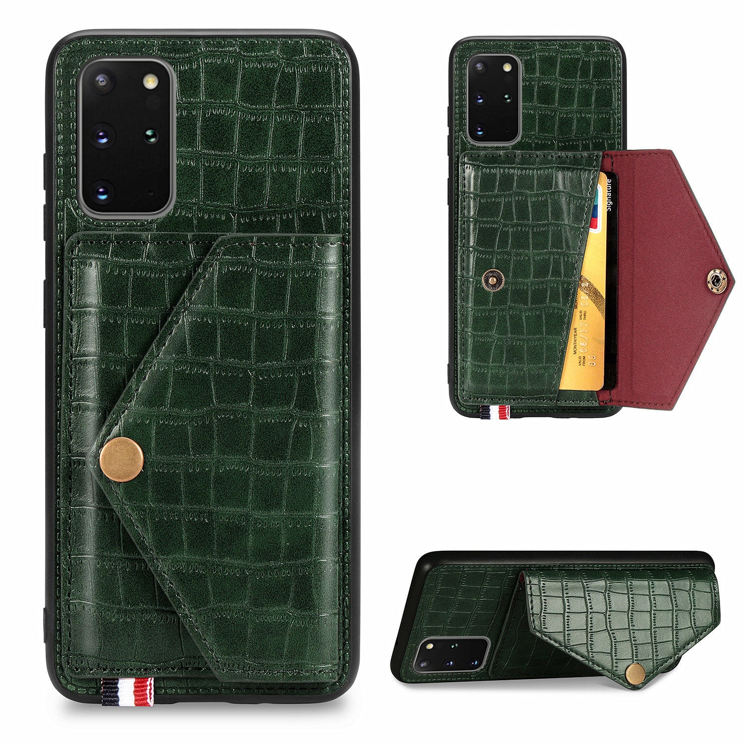 Crocodile Skin with Card Holder PU Leather Coated TPU Case for Samsung Galaxy S20 Plus - Green