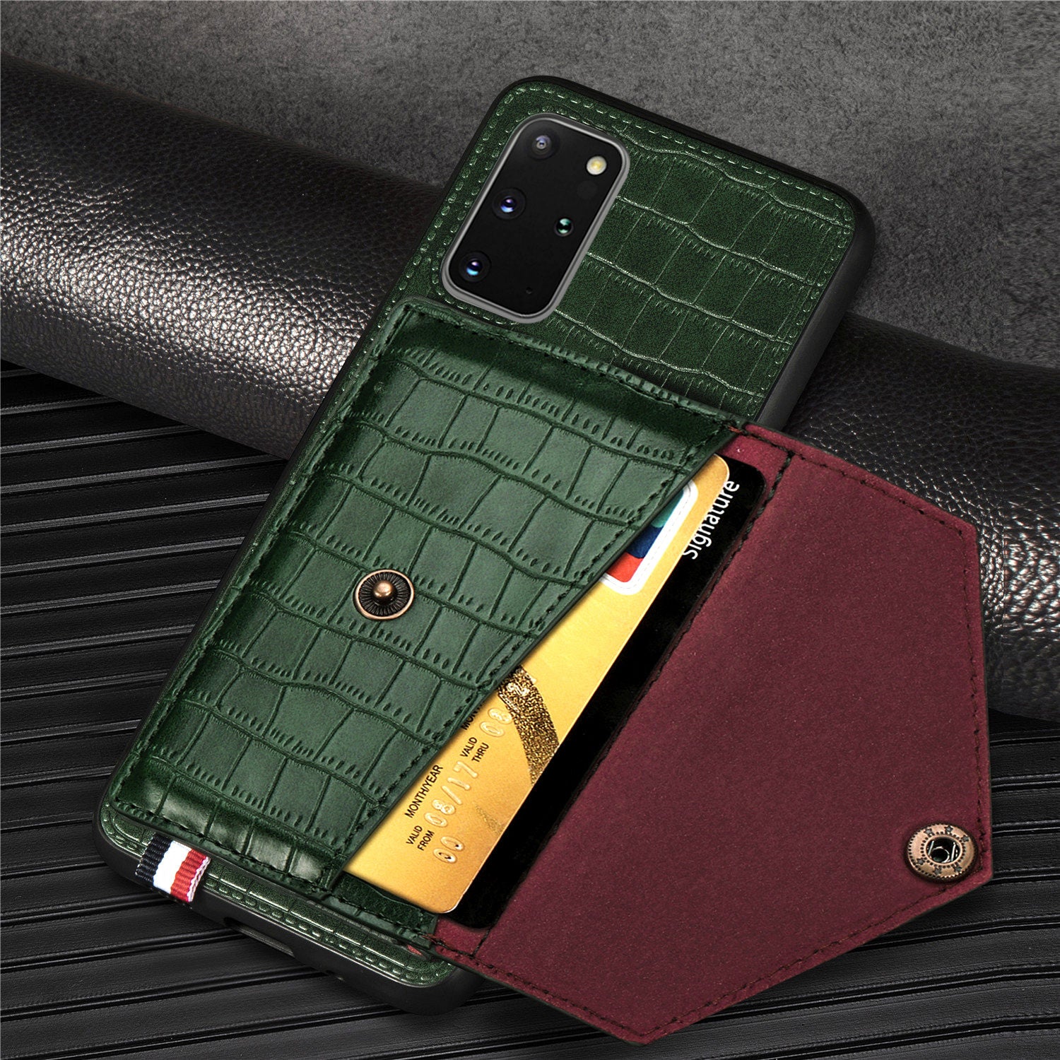 Crocodile Skin with Card Holder PU Leather Coated TPU Case for Samsung Galaxy S20 Plus - Green