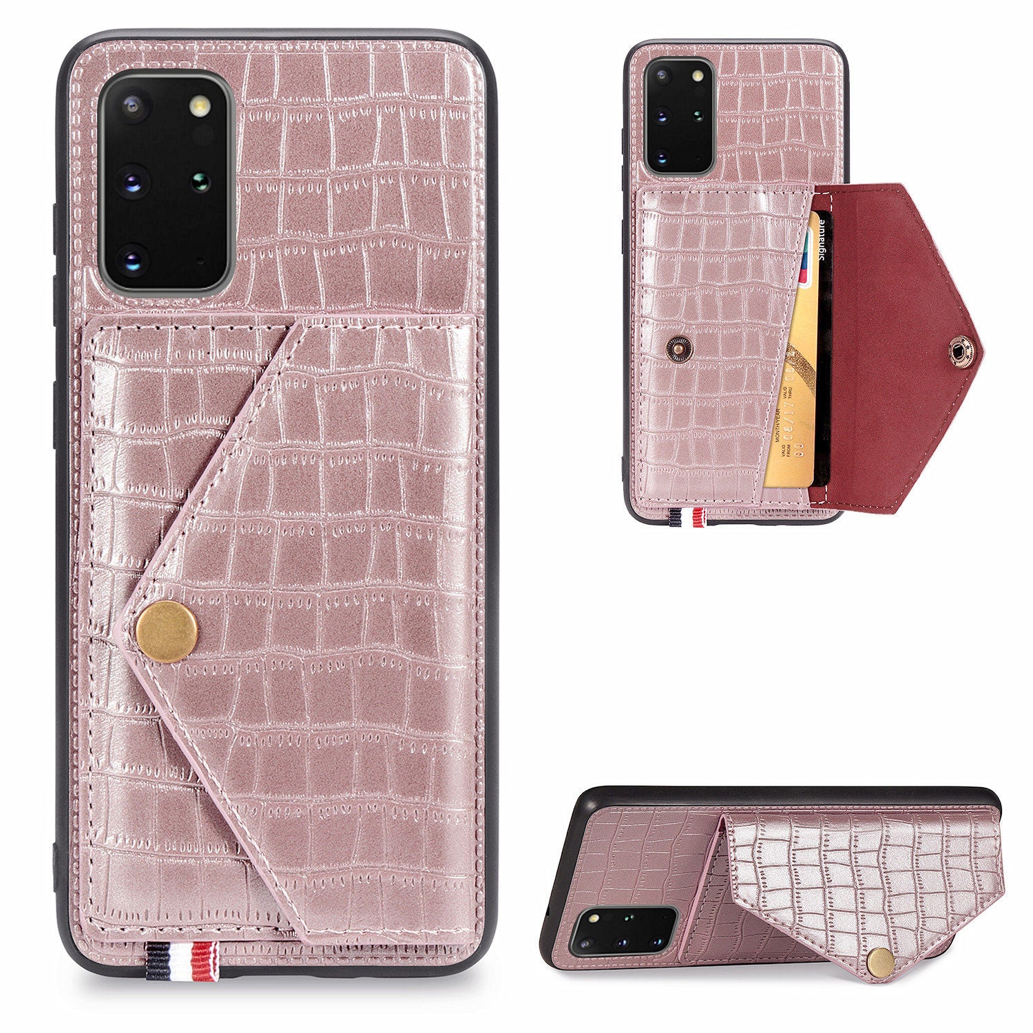 Crocodile Skin with Card Holder PU Leather Coated TPU Case for Samsung Galaxy S20 Plus - Rose Gold