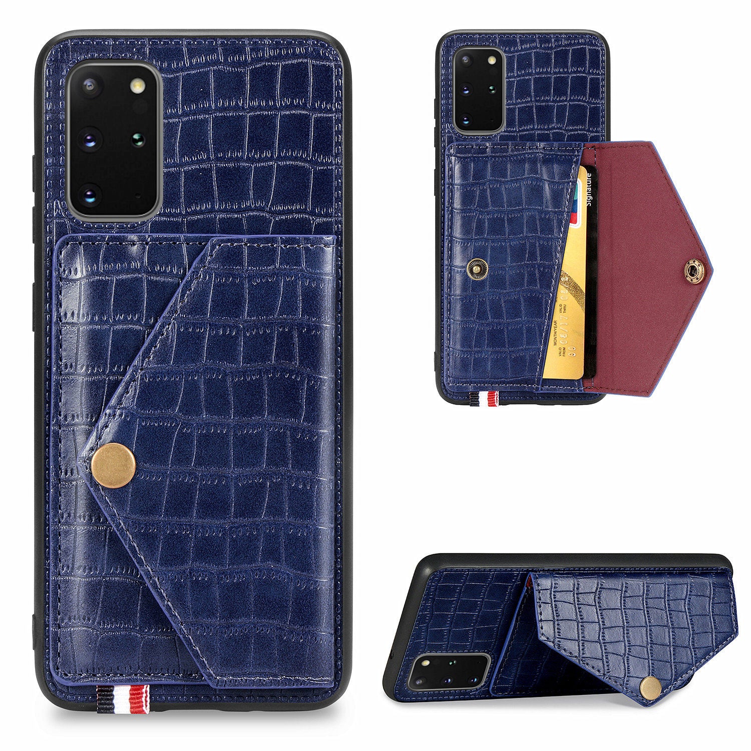 Crocodile Skin with Card Holder PU Leather Coated TPU Case for Samsung Galaxy S20 Plus - Blue