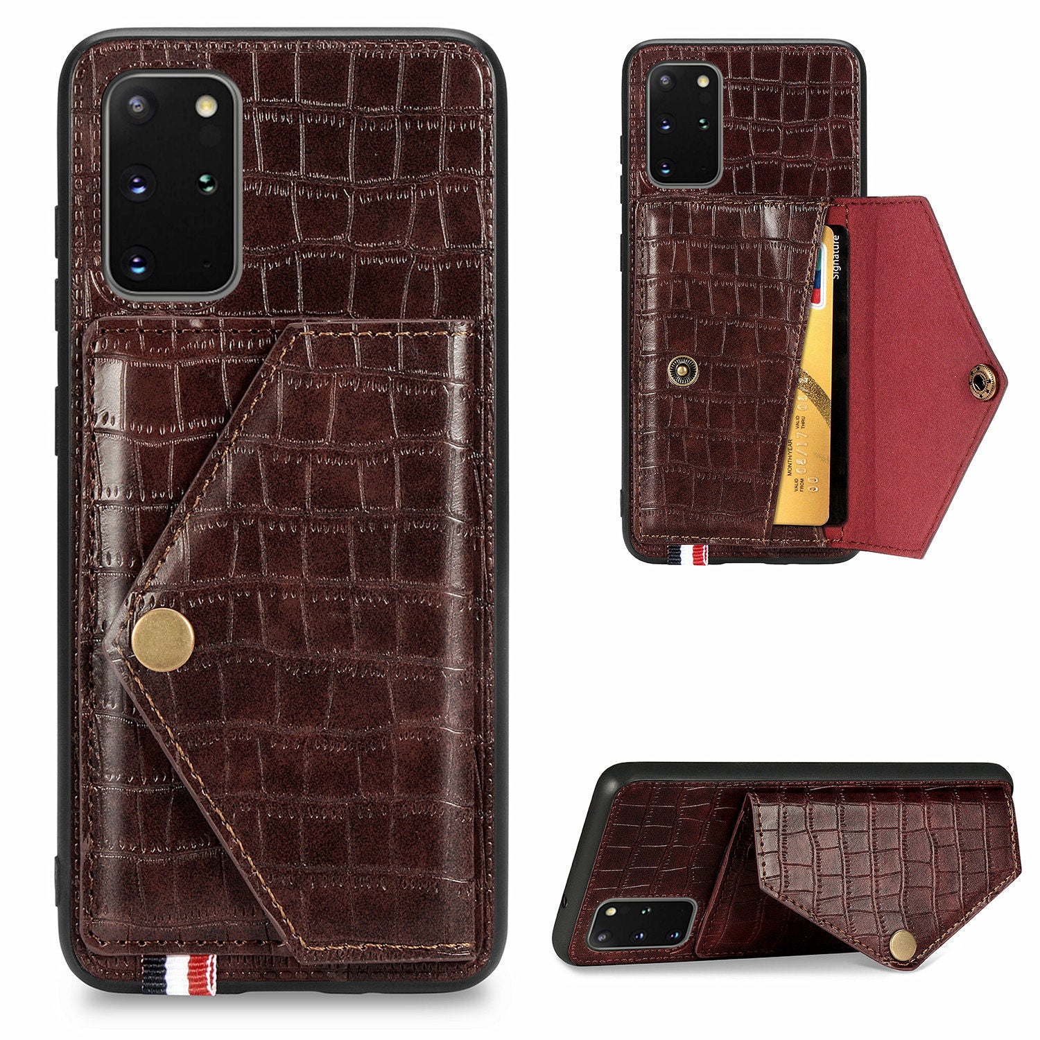 Crocodile Skin with Card Holder PU Leather Coated TPU Case for Samsung Galaxy S20 Plus - Brown