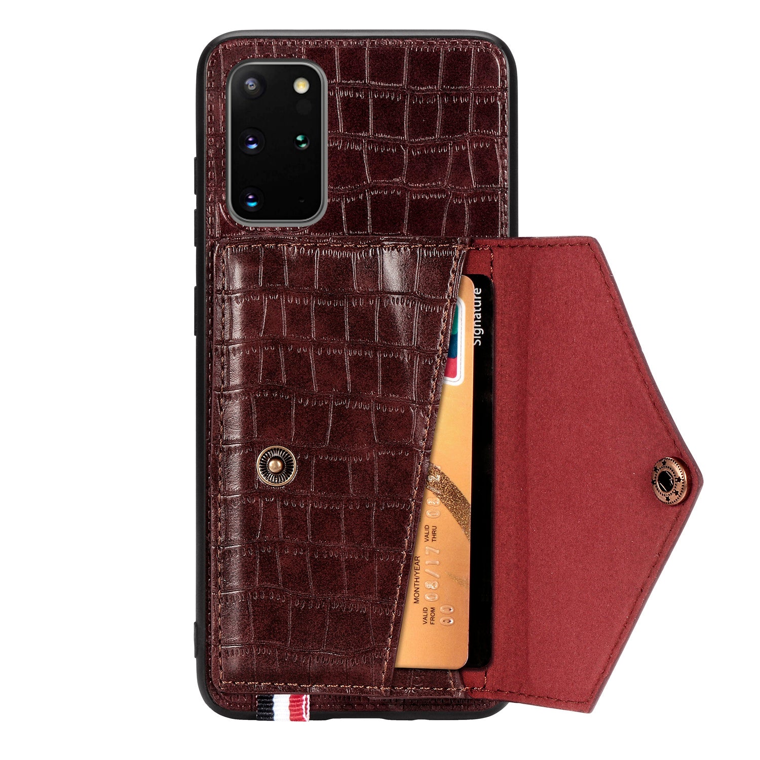 Crocodile Skin with Card Holder PU Leather Coated TPU Case for Samsung Galaxy S20 Plus - Brown